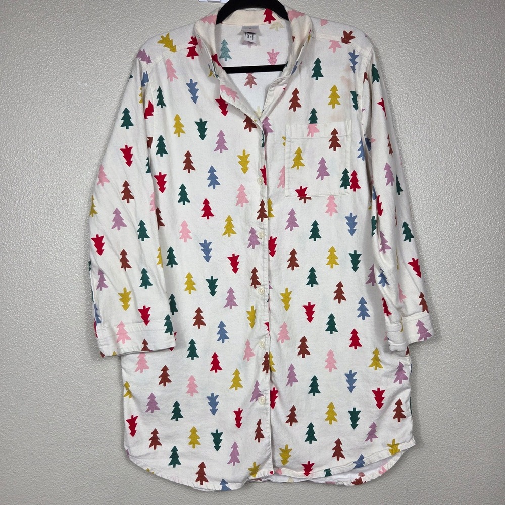 Hanna Andersson Christmas Tree Flannel Nightshirt Women M 100% Cotton Pajama